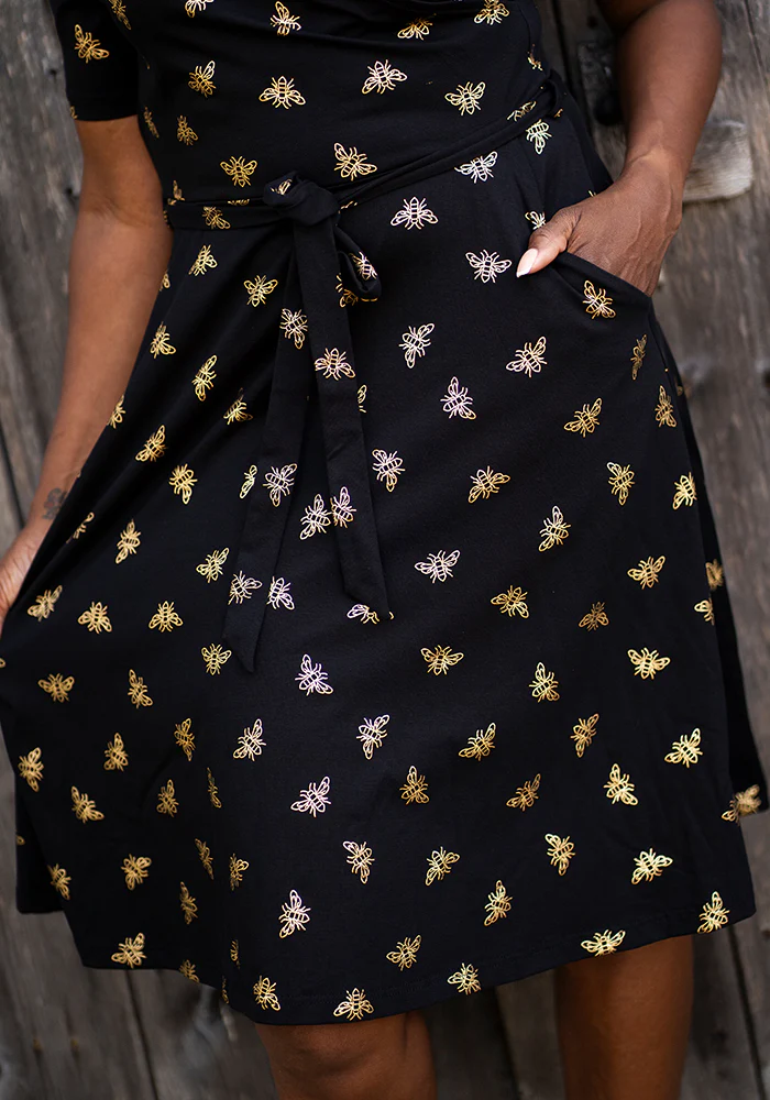 Abertha Gold Foil Bee Print Cotton Dress - Image 12