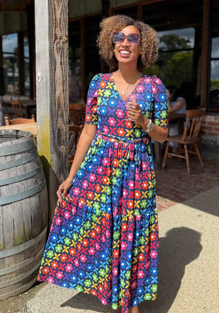 Ami Retro Rainbow Floral Print Midaxi Dress