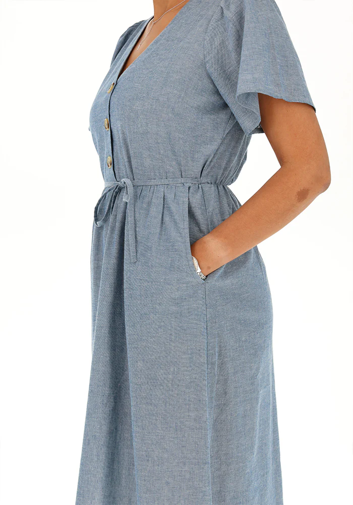 Apphia Denim Blue Button Front Chambray Midi Dress - Image 2
