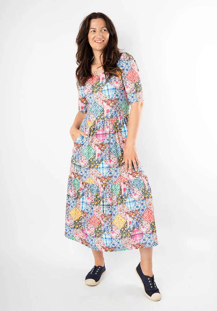 Aralon Patchwork Quilt Print Tiered Hem Midi Dress - Image 3