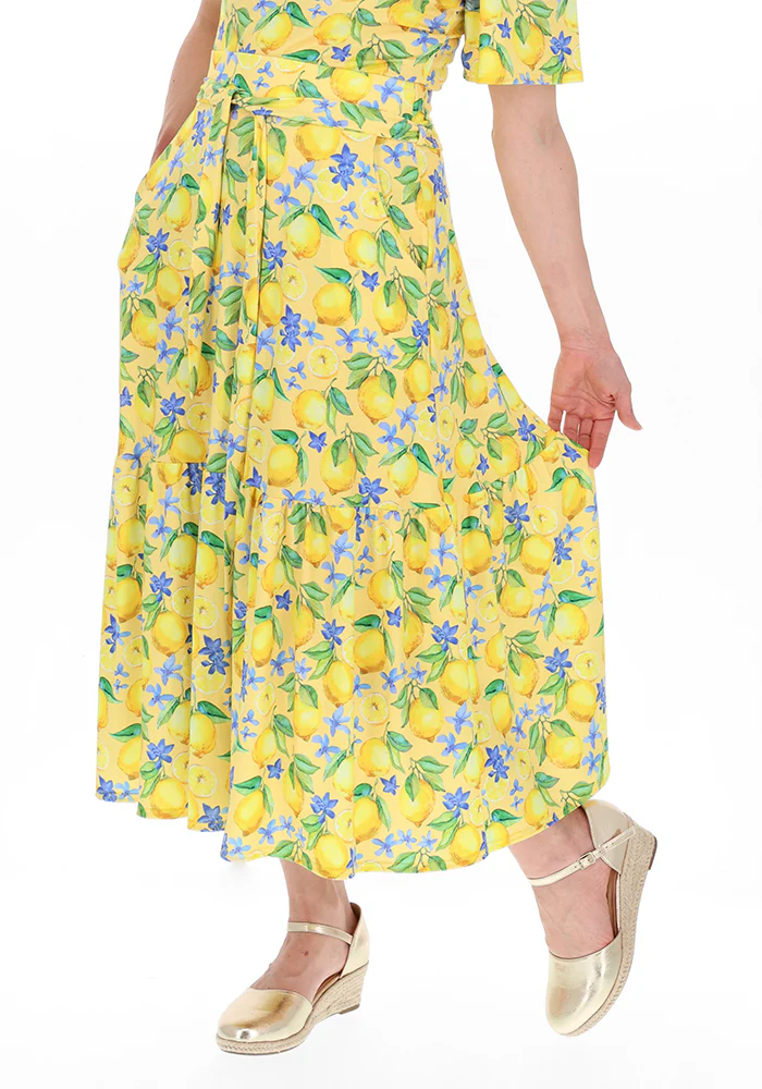 Aramis Lemon Print Tiered Hem Jersey Midi Skirt