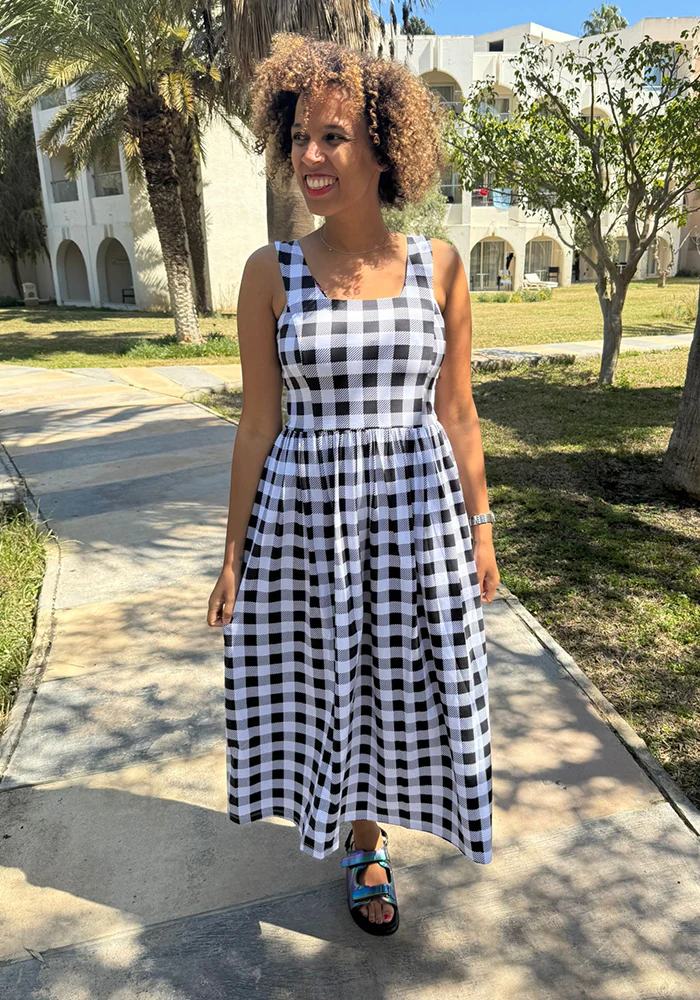 Betsie Large Mono Gingham Print Cotton Midaxi Dress