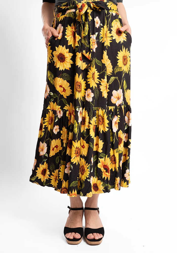 Bina Sunflower Print Viscose Tiered Hem Midi Skirt - Image 2