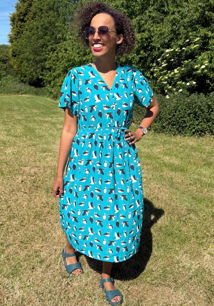 Teal Cady Puffin Print Button Front Woven Viscose Crepe Midi Dress