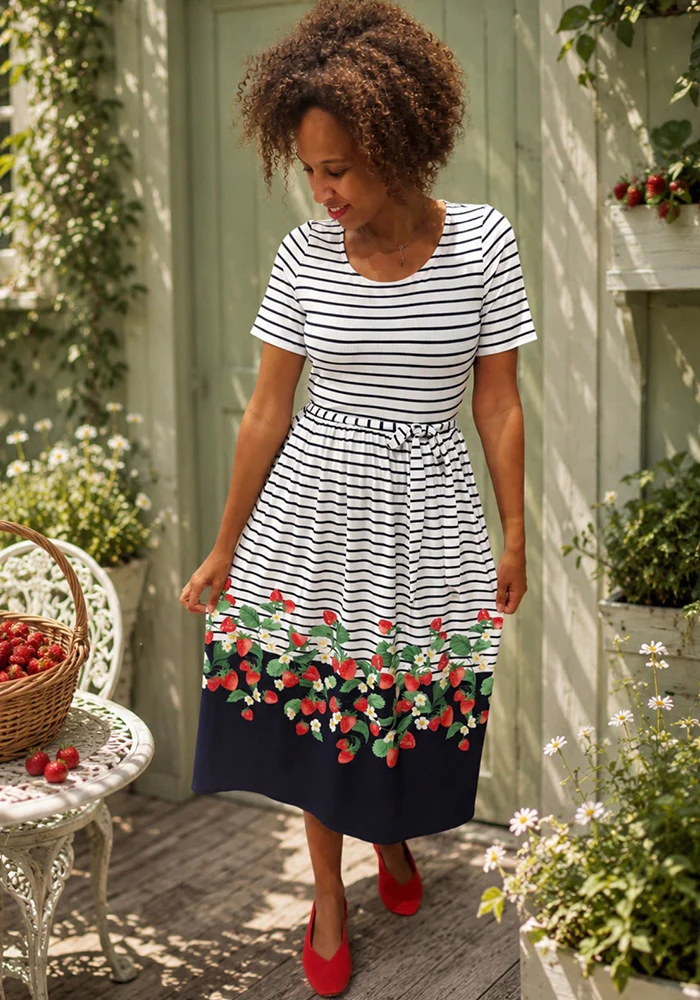 Calista Strawberries & Stripe Print Midi Dress