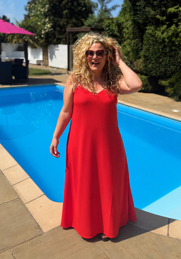 Cariad Solid Red Ankle Length Woven Viscose Crepe Dress - Image 2