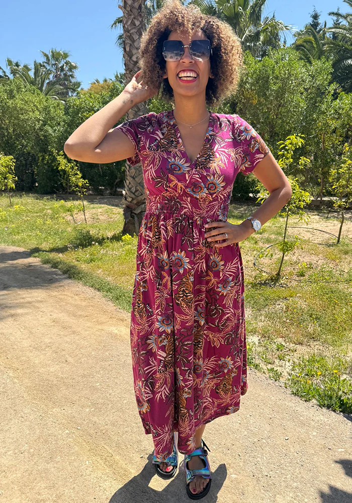 Carmella Tiger Jungle Print Cotton Midaxi Dress (Magenta) - Image 4