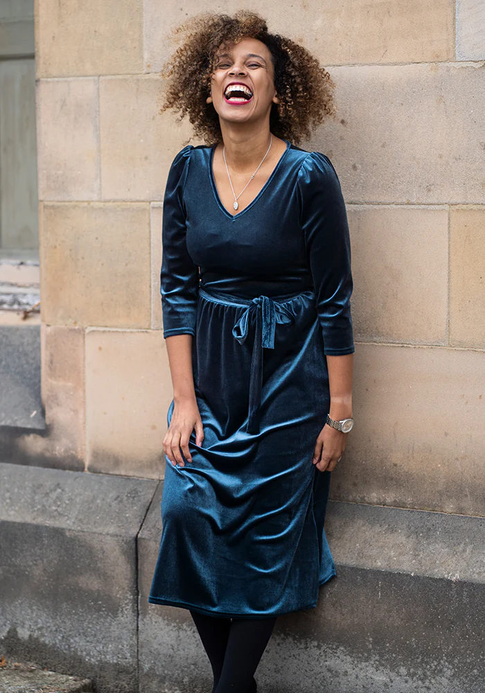 Celaena Steel Blue Velvet Midi Dress - Image 10