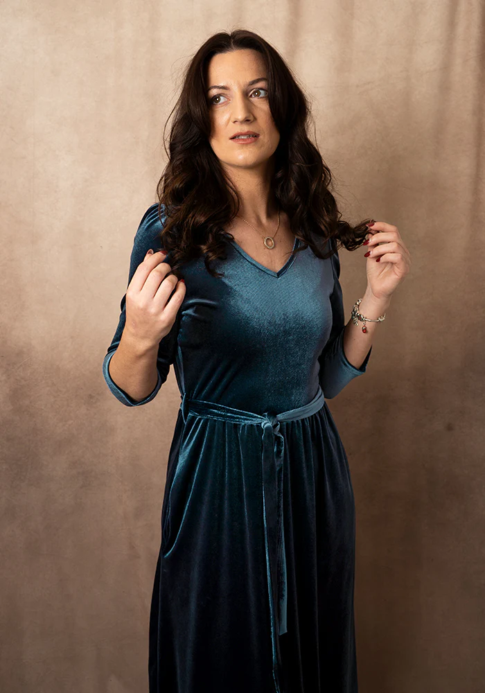 Celaena Steel Blue Velvet Midi Dress - Image 6