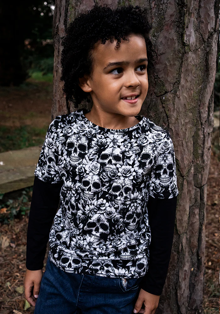 Children's Mono Skull Print Cotton T-Shirt (Addams) - Image 9