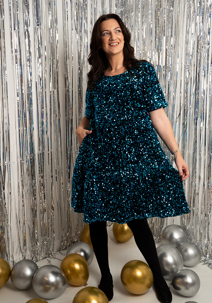 Chislaine Teal Sequin Tiered Hem Dress - Image 3