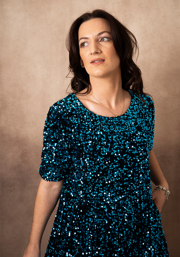 Chislaine Teal Sequin Tiered Hem Dress - Image 5