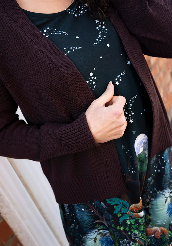 Chocolate Brown Ribbed Cuffed Cardigan - Image 3