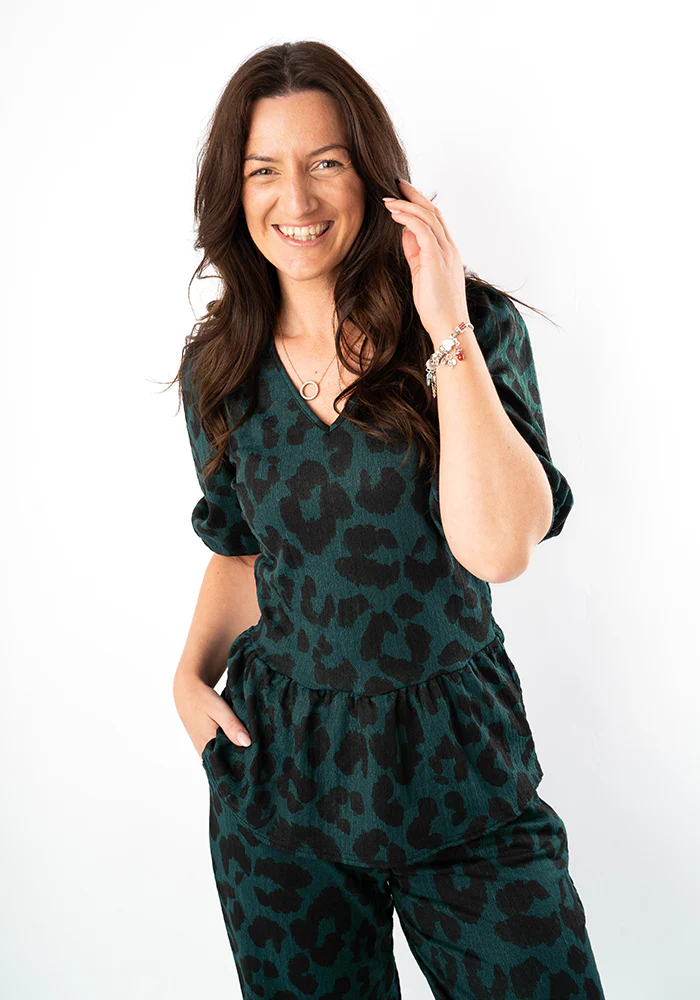 Deia Bottle Green Animal Print Peplum Top