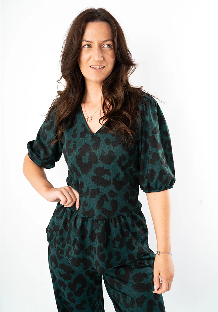 Deia Bottle Green Animal Print Peplum Top - Image 4