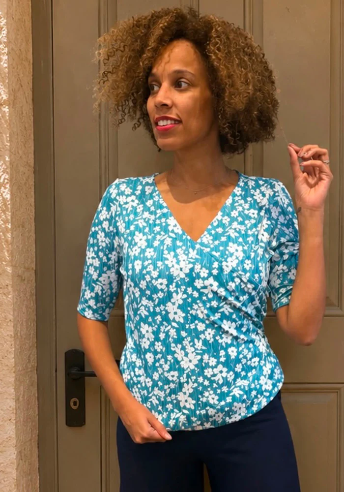 Ditsy Print Wrap Neck Top