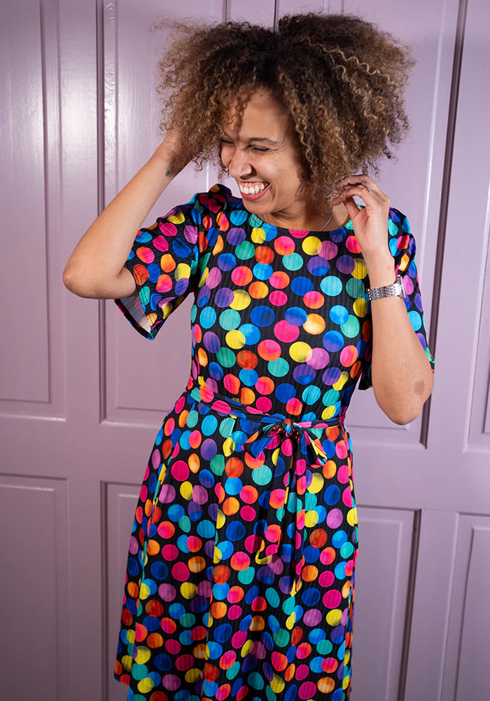 Dotee Bright Polka Dot Spot Print Jersey Rib Trapeze Dress - Image 14