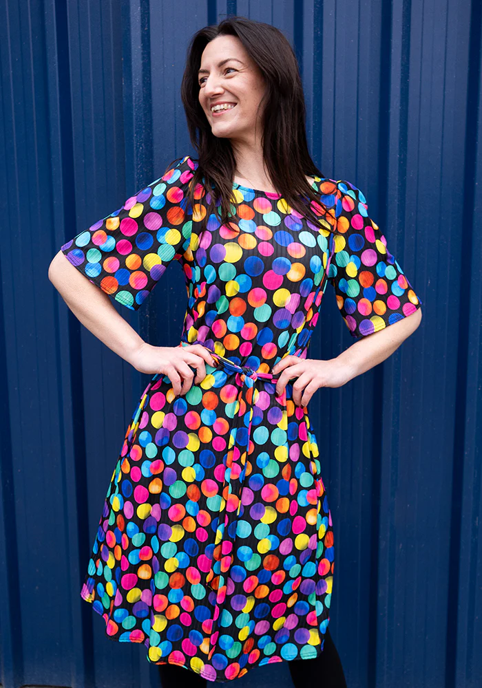 Dotee Bright Polka Dot Spot Print Jersey Rib Trapeze Dress - Image 15