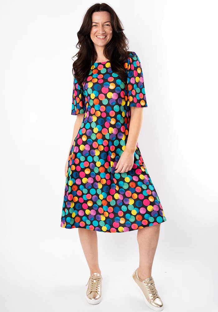 Dotee Bright Polka Dot Spot Print Jersey Rib Trapeze Dress - Image 6