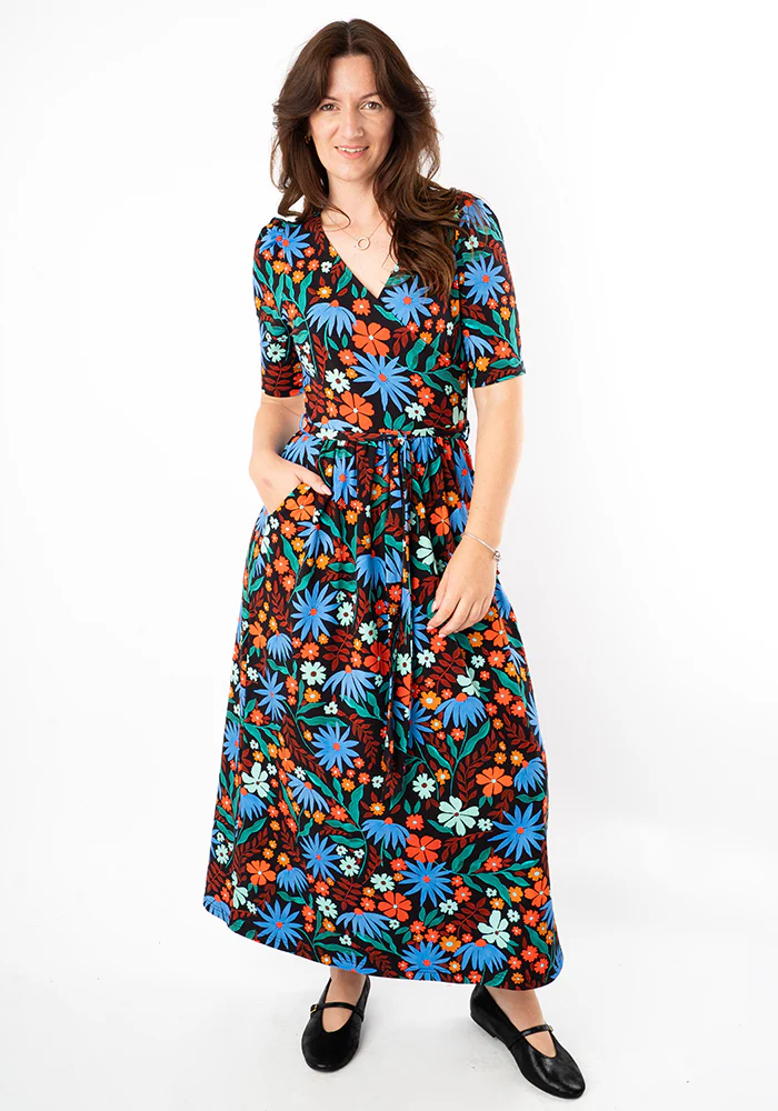 Elspeth Painted Blue & Orange Floral Print Midaxi Dress - Image 5