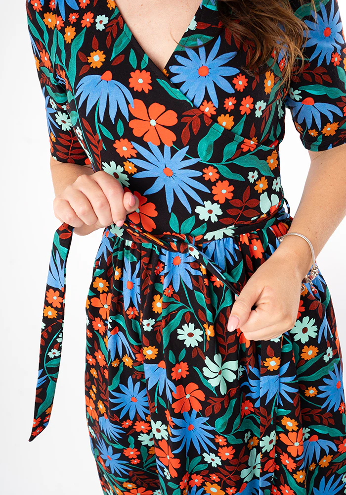 Elspeth Painted Blue & Orange Floral Print Midaxi Dress - Image 6