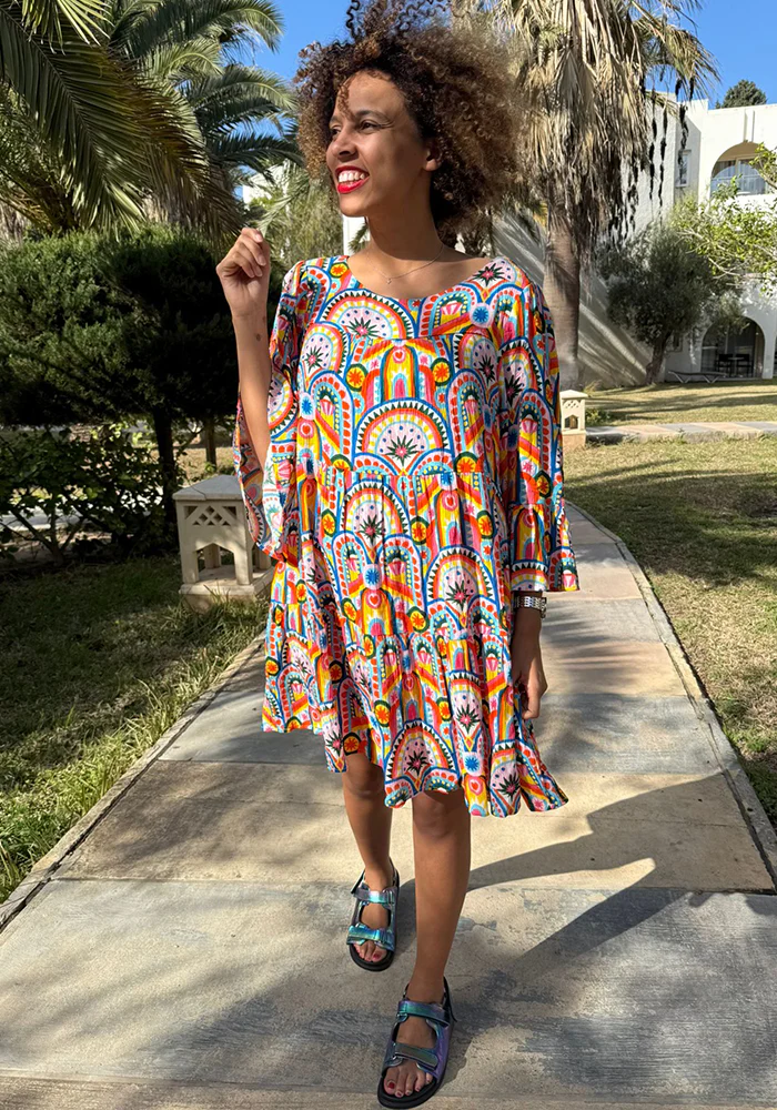 Every Hand Painted Deco Print Woven Tiered Hem Dress