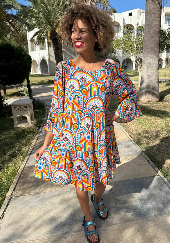 Every Hand Painted Deco Print Woven Tiered Hem Dress - Image 3