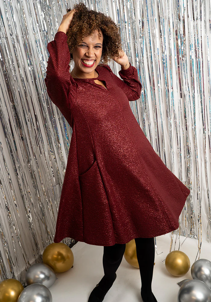 Evonne Wine Foil Keyhole Neck Trapeze Dress - Image 8