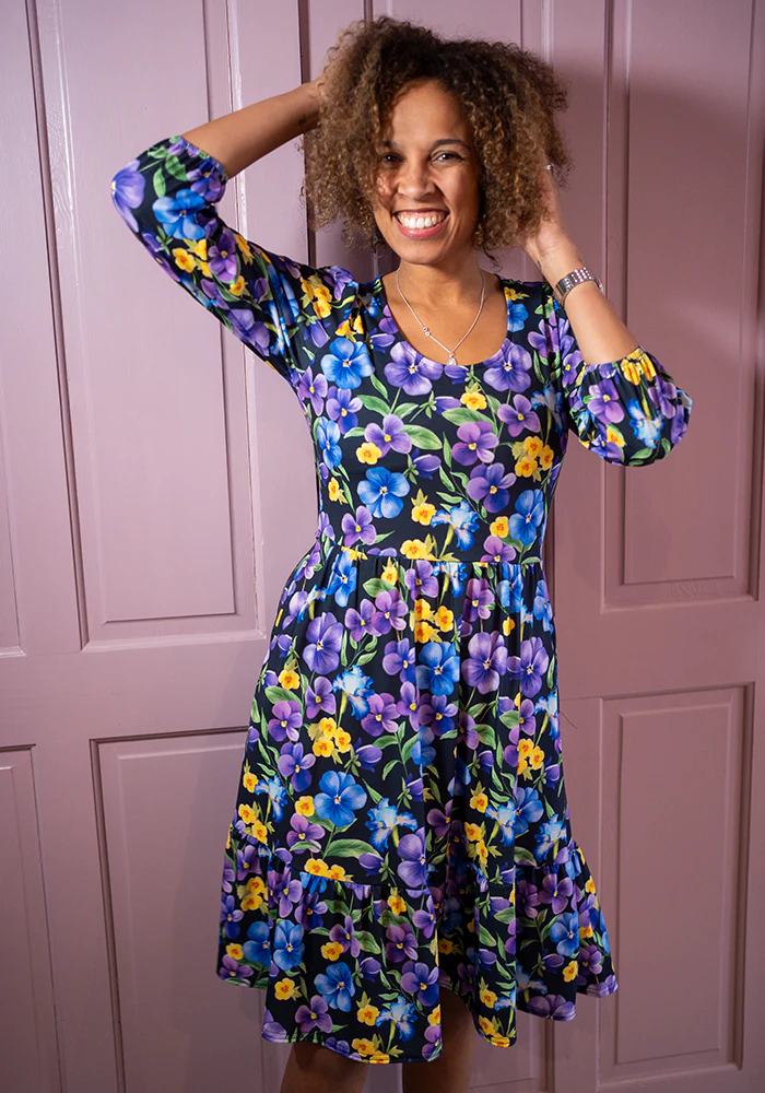 February Birth Flower Violet Print Dress