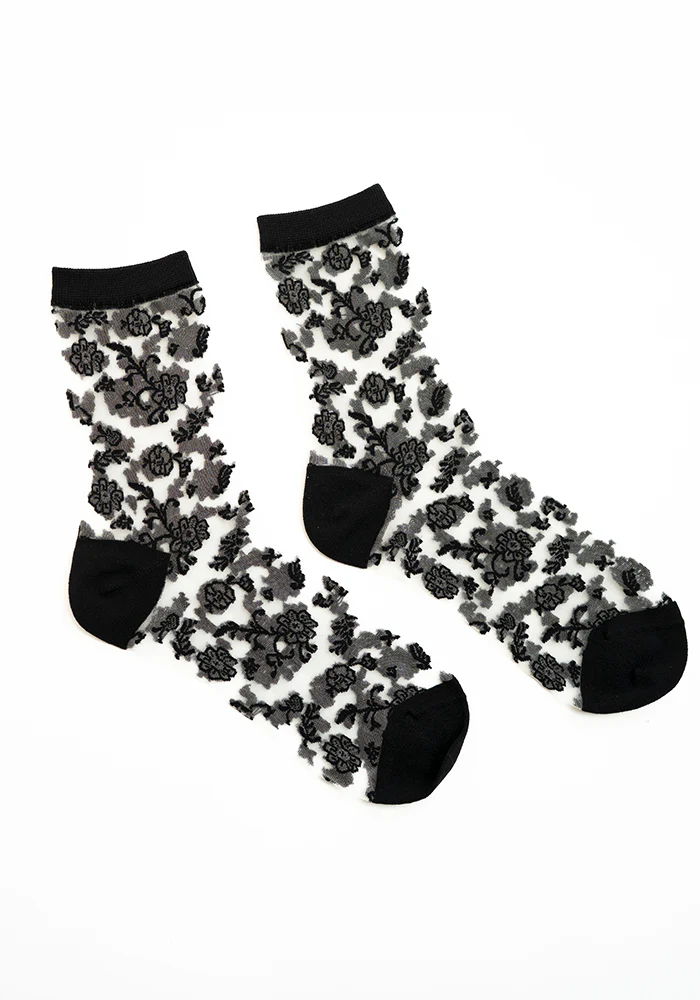 Black Floral Bloom Sheer Ankle Socks - Image 3