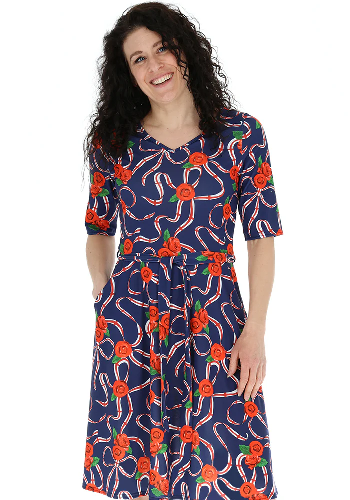 Navy England Print Flat Waist Jersey Dress - Image 3