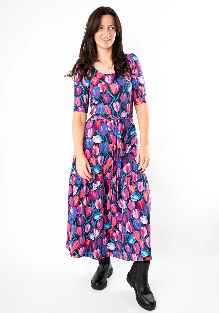 Gaenor Hand Painted Tulips Print Cotton Midaxi Dress - Image 3