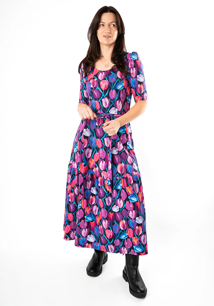 Gaenor Hand Painted Tulips Print Cotton Midaxi Dress - Image 7