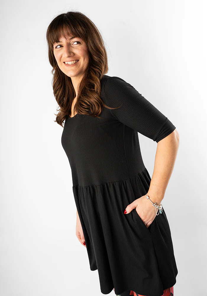 Gemma Black Rib Brush Smock Gathered Waist Tunic - Image 3