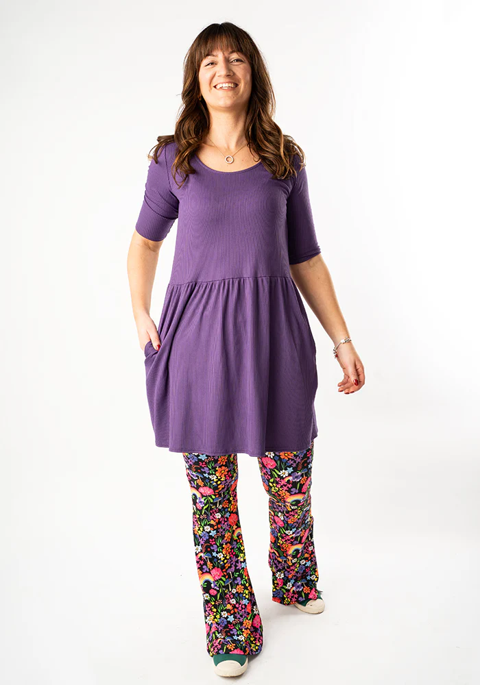 Gemma Purple Rib Brush Smock Gathered Waist Tunic - Image 3
