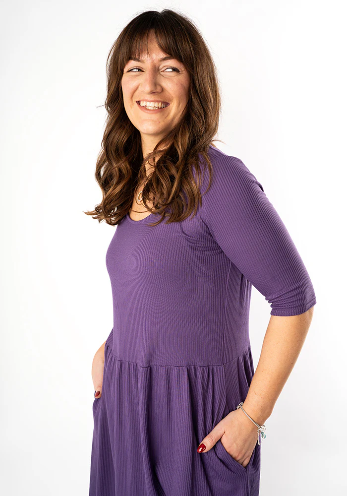 Gemma Purple Rib Brush Smock Gathered Waist Tunic - Image 5
