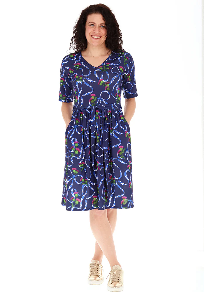 Navy Scotland Print Gathered Waist Jersey Dress