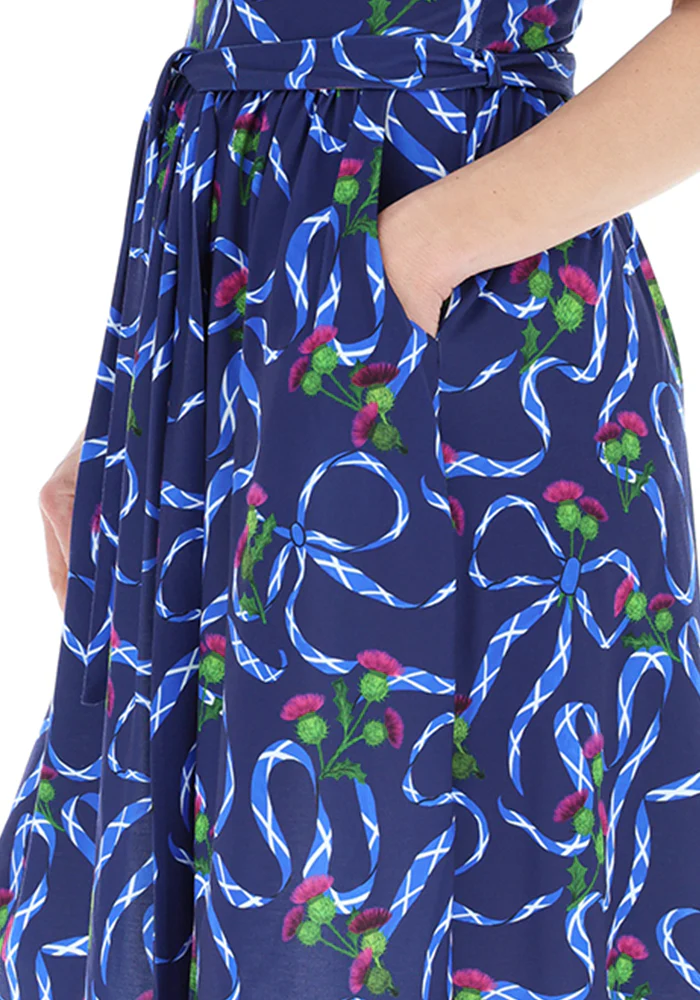 Navy Scotland Print Gathered Waist Jersey Dress - Image 3