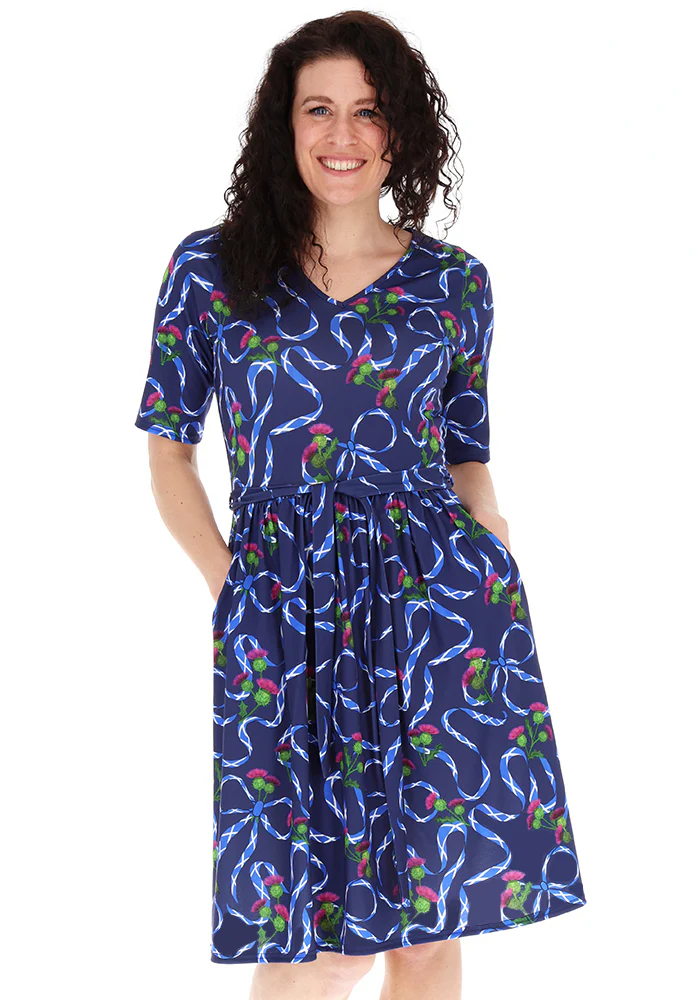 Navy Scotland Print Gathered Waist Jersey Dress - Image 4