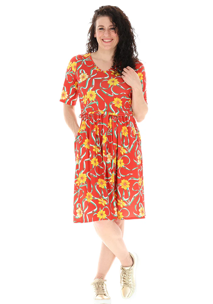 Red Wales Print Gathered Waist Jersey Dress - Image 3