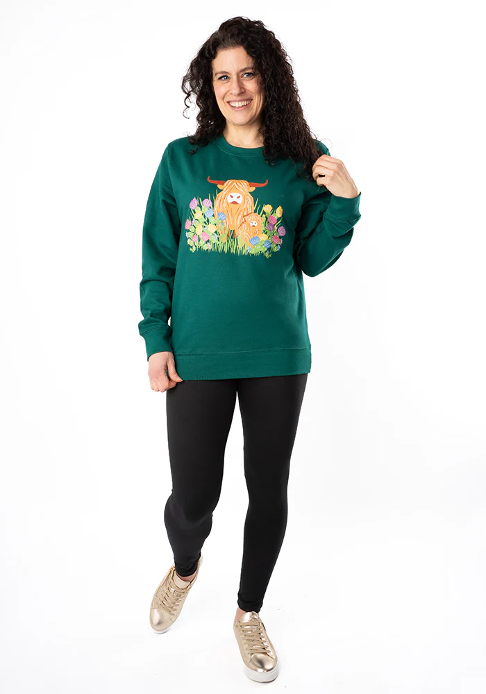 Highland Cow Print Sweatshirt (Forest Green) - Image 4