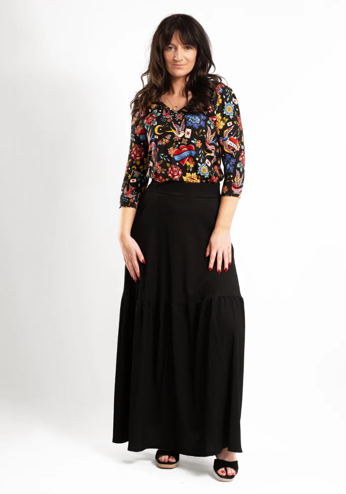 Ida Black Maxi Length Tiered Hem Skirt