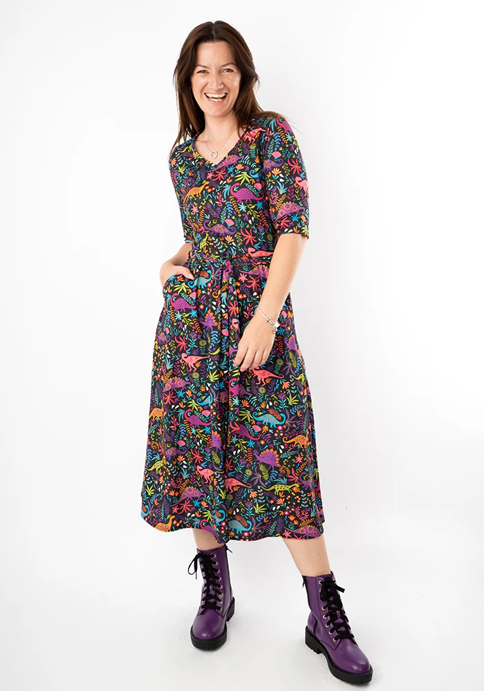 Jacque Dinosaur Print Midi Dress (Black) - Image 3