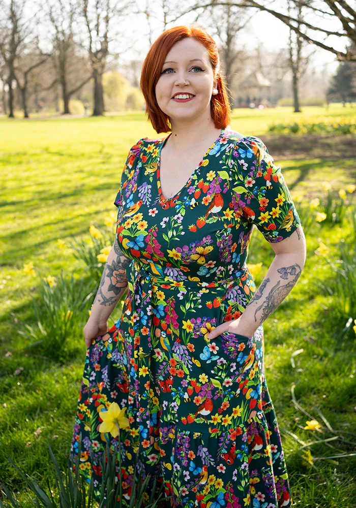 Jianna Floral Bird Garden Print Cotton Midaxi Dress