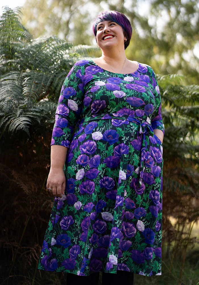 Judy Purple Poppy Print Jersey Midi Dress