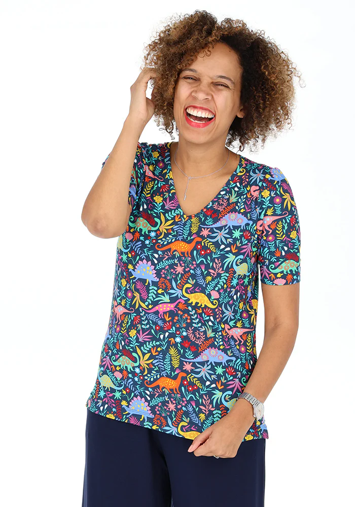 Kirsty Teal Dinosaur Print V Neck Viscose Top - Image 3