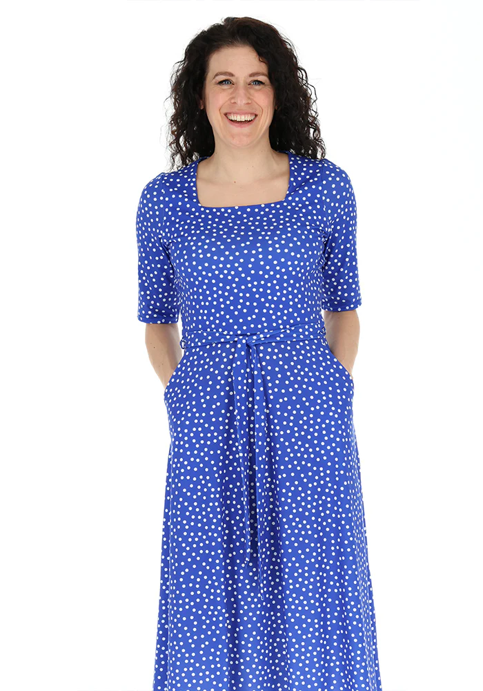 Kittie Blue & White Polka Dot Print Jersey Midi Dress