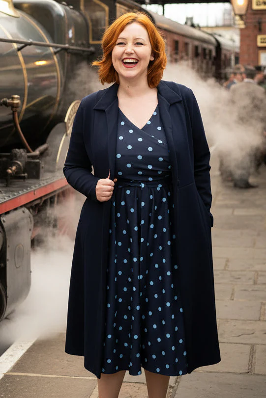 Lesleigh Navy & Blue Spot Print Scuba Vintage Swing Dress - Image 4