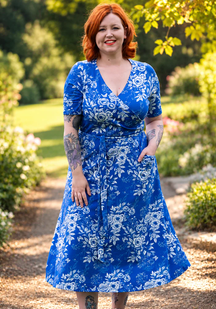 Letticia Blue & White Floral Print Cotton Midi Dress - Image 3
