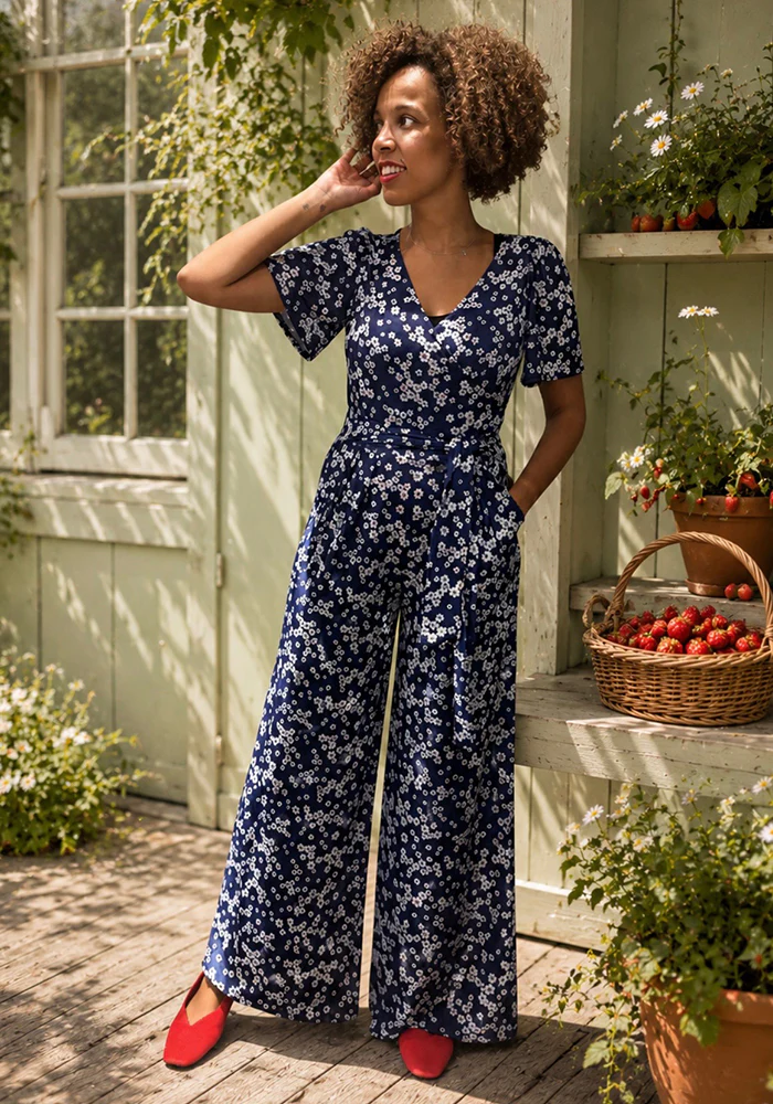 Lia-May Navy Ditsy Flower Print Full Length Jumpsuit